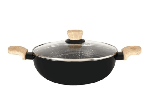 Bergner Bellini Plus Aura 5-Layer Non-Stick 22 cm Kadai with Glass Lid, 2.9 Litres Kadhai with Soft Touch Wooden Finish Handle, 3.2mm Thickness, Induction Bottom and Gas Stove Ready, 1-Year Warranty